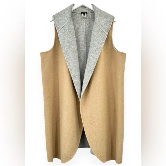 Talbots Camel Brown & Gray Shawl Collar Sleeveless Wool Cape Coat Vest Sz M - Picture 1 of 10